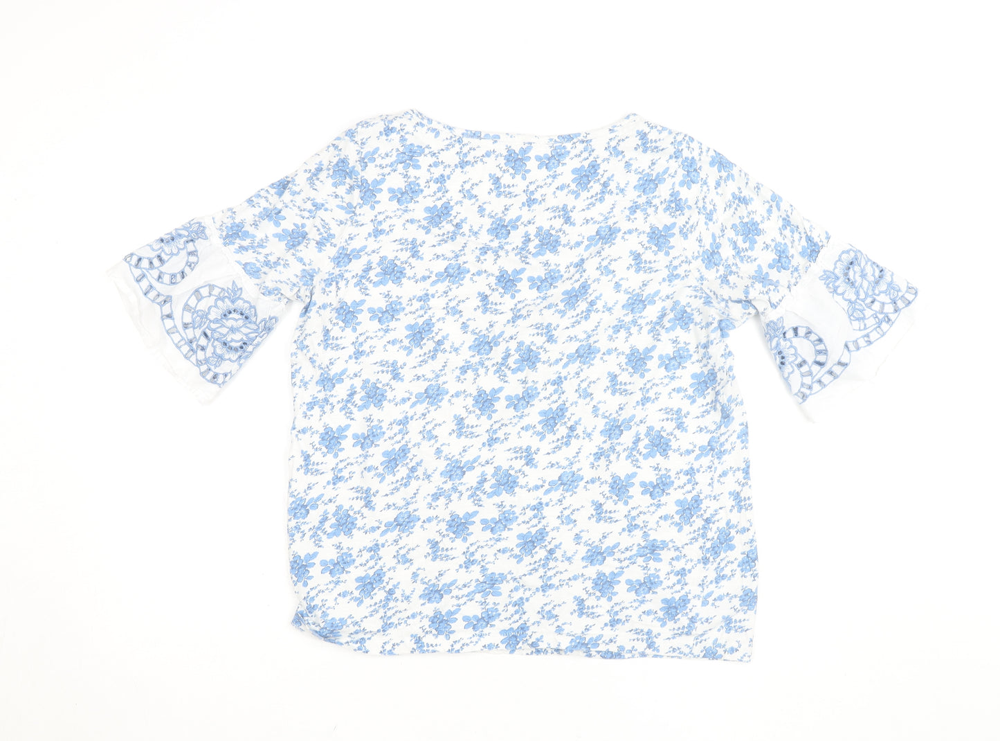 Next Women Blue Floral Cotton Embroidered Blouse Size 12