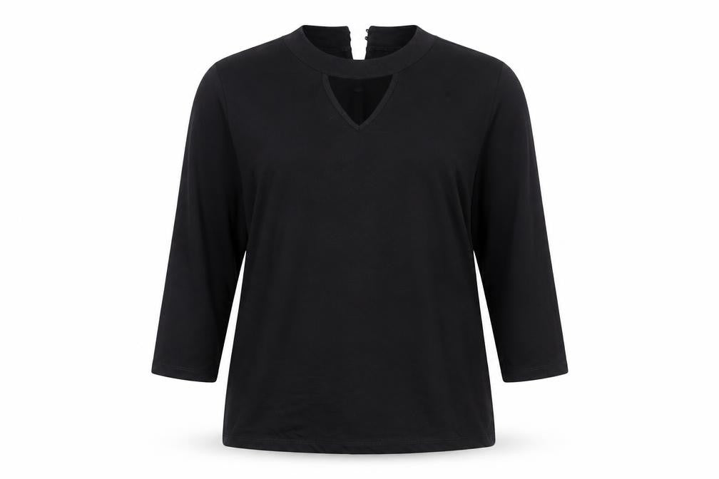 Front view of Fair Lady women’s black viscose 3/4 sleeve blouse, size UK 14