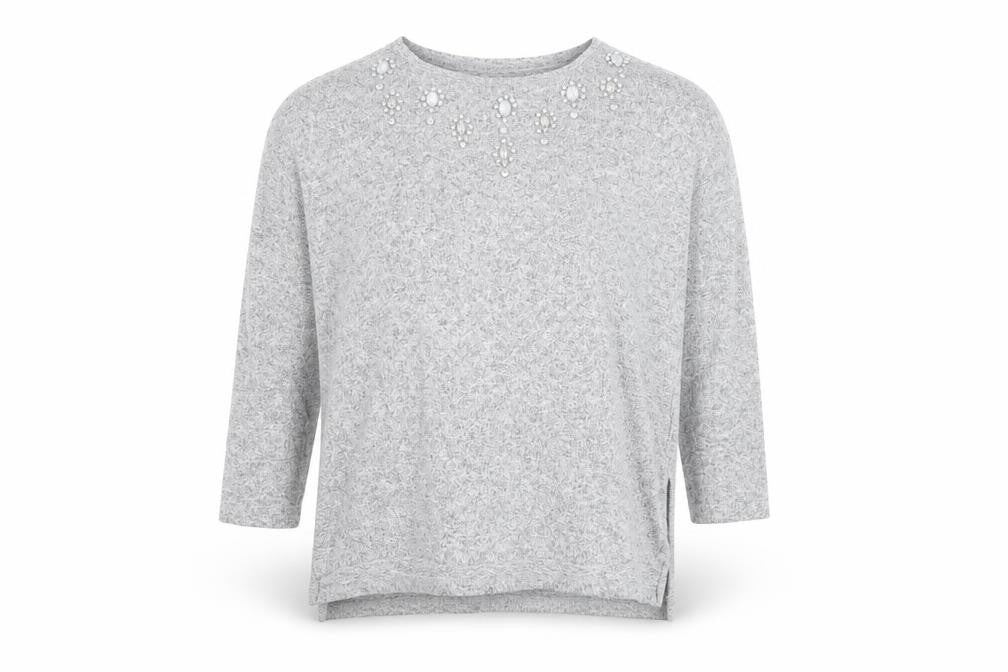 Front view of Dorothy Perkins Women’s Grey Beaded Knit Blouse, size UK 10