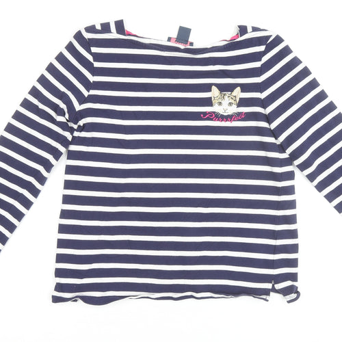 Oasis Womens Blue Striped Long Sleeve Cat Embroidered T-Shirt Size M