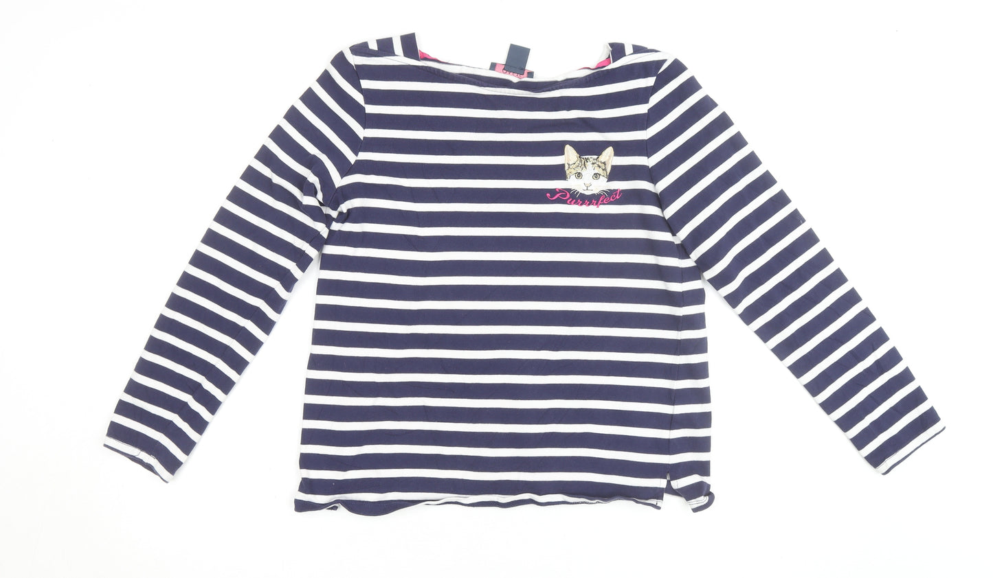 Oasis Womens Blue Striped Long Sleeve Cat Embroidered T-Shirt Size M