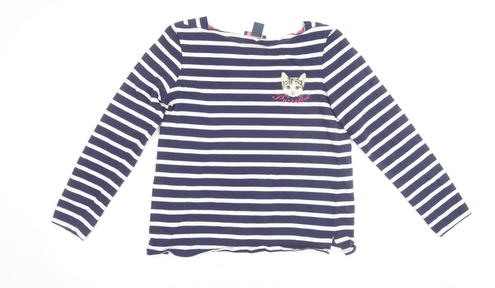 Oasis Womens Blue Striped Long Sleeve Cat Embroidered T-Shirt Size M