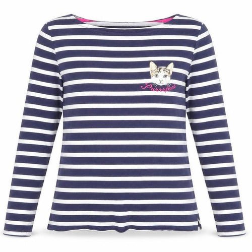Oasis Womens Blue Striped Long Sleeve Cat Embroidered T-Shirt Size M