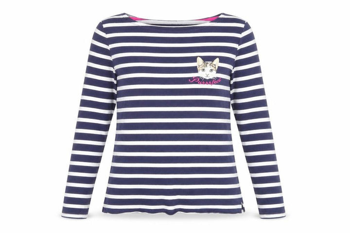 Oasis Womens Blue Striped Long Sleeve Cat Embroidered T-Shirt Size M