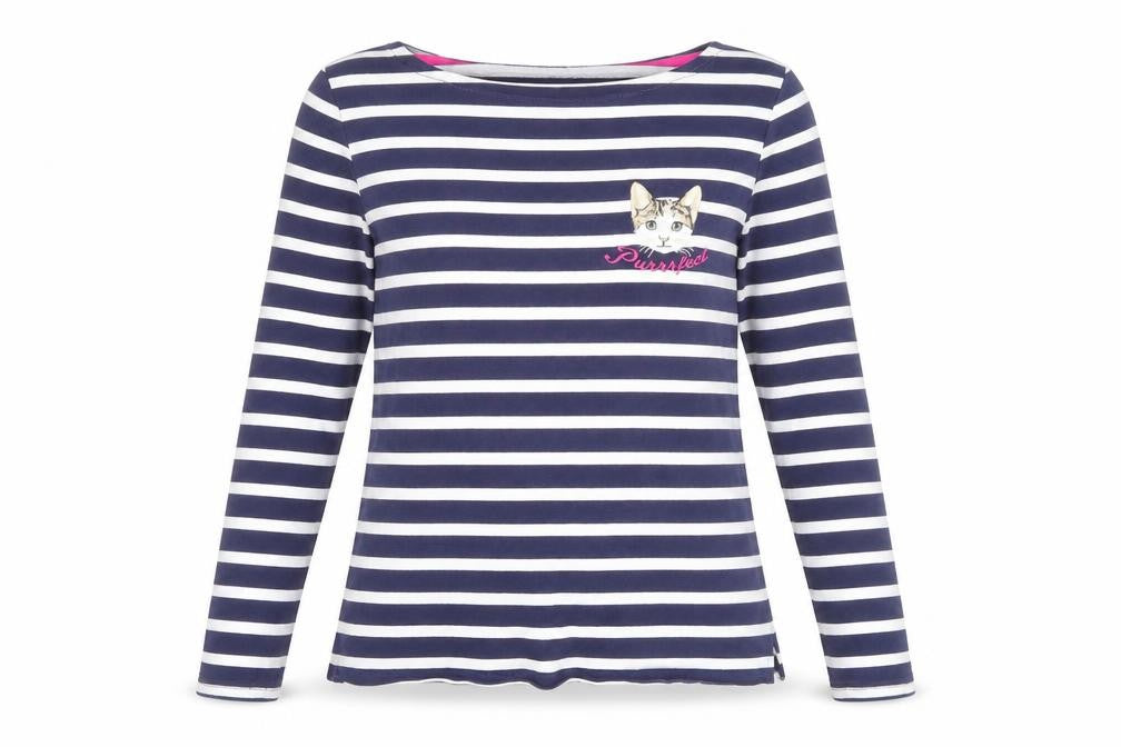 Oasis Womens Blue Striped Long Sleeve Cat Embroidered T-Shirt Size M