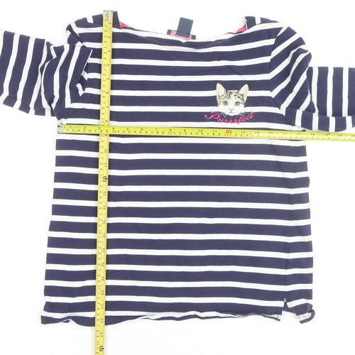Oasis Womens Blue Striped Long Sleeve Cat Embroidered T-Shirt Size M