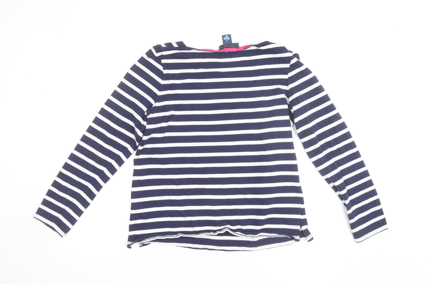 Oasis Womens Blue Striped Long Sleeve Cat Embroidered T-Shirt Size M