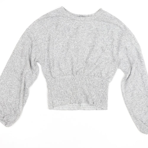 Zara Women Grey Cropped Knit Crew Neck Long Sleeve Blouse S