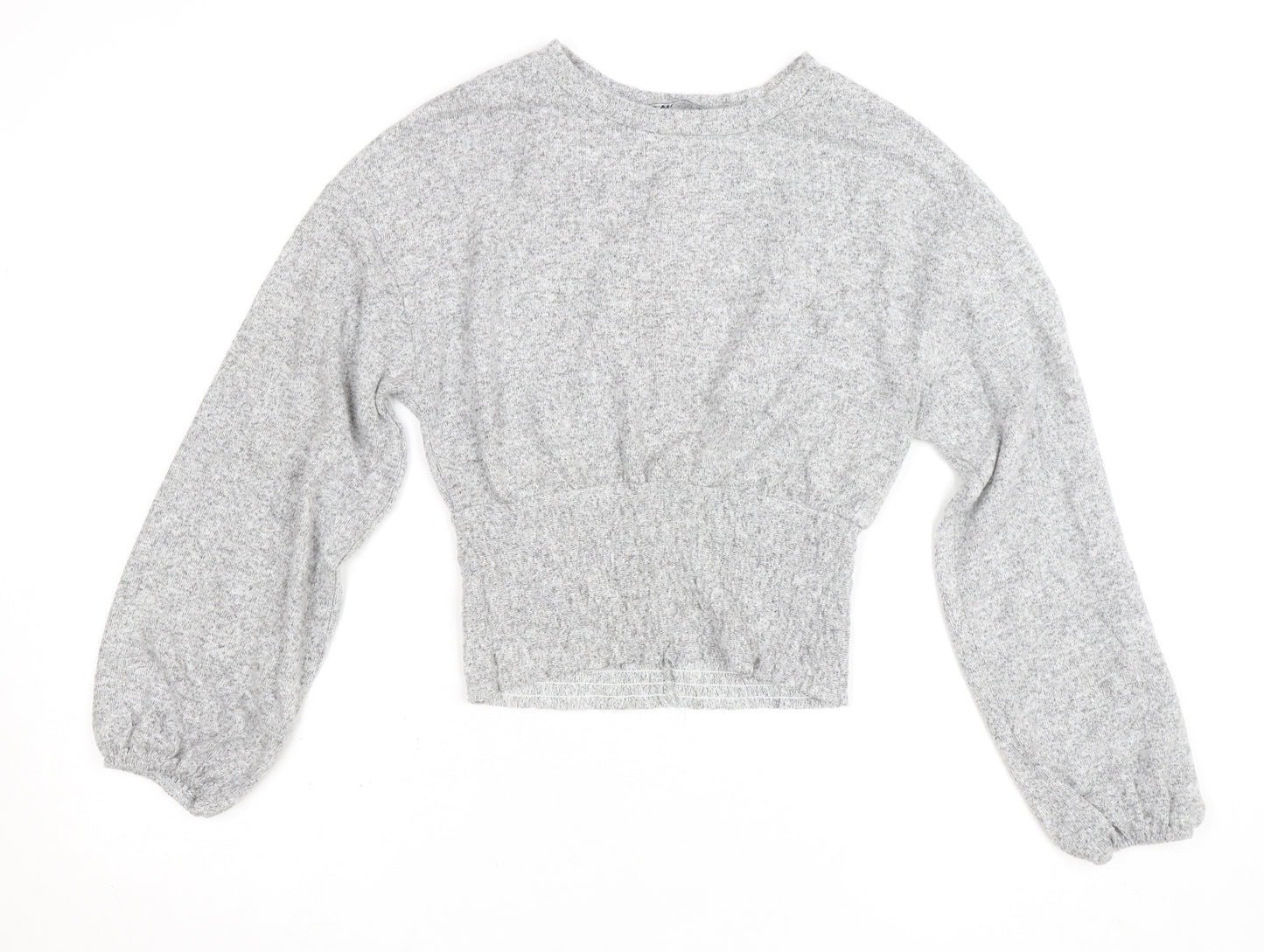 Zara Women Grey Cropped Knit Crew Neck Long Sleeve Blouse S