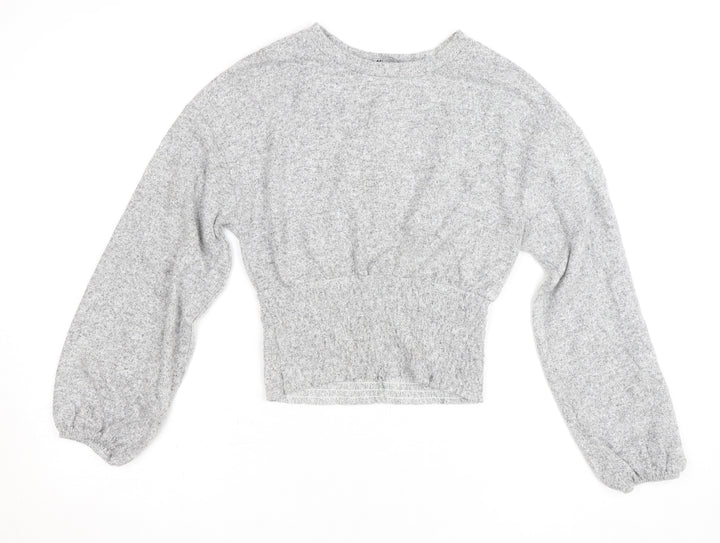 Zara Women Grey Cropped Knit Crew Neck Long Sleeve Blouse S