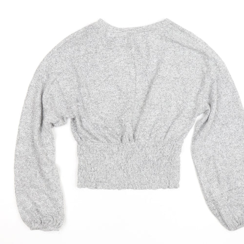 Zara Women Grey Cropped Knit Crew Neck Long Sleeve Blouse S