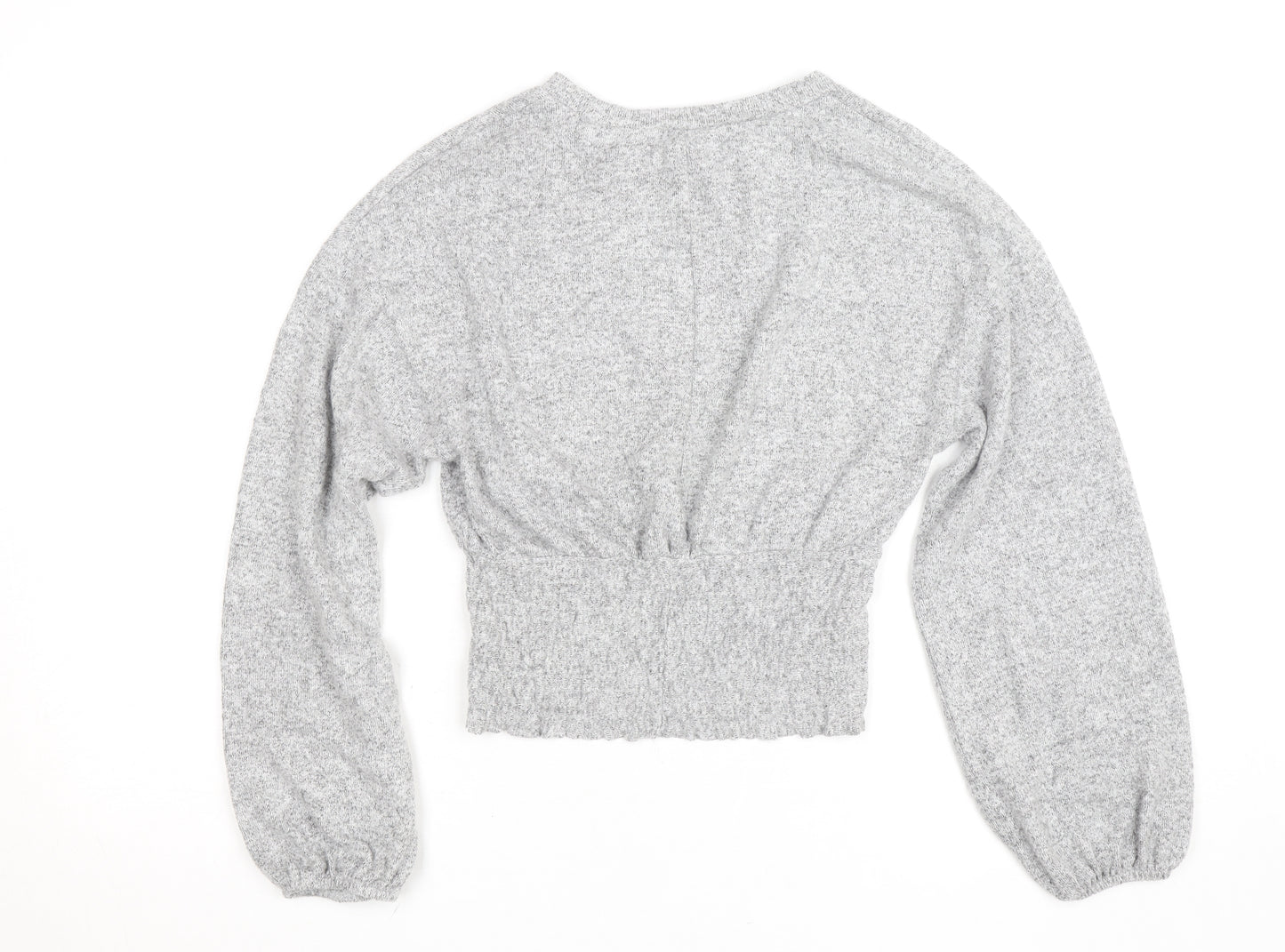 Zara Women Grey Cropped Knit Crew Neck Long Sleeve Blouse S
