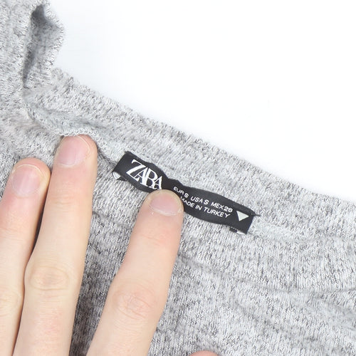 Zara Women Grey Cropped Knit Crew Neck Long Sleeve Blouse S