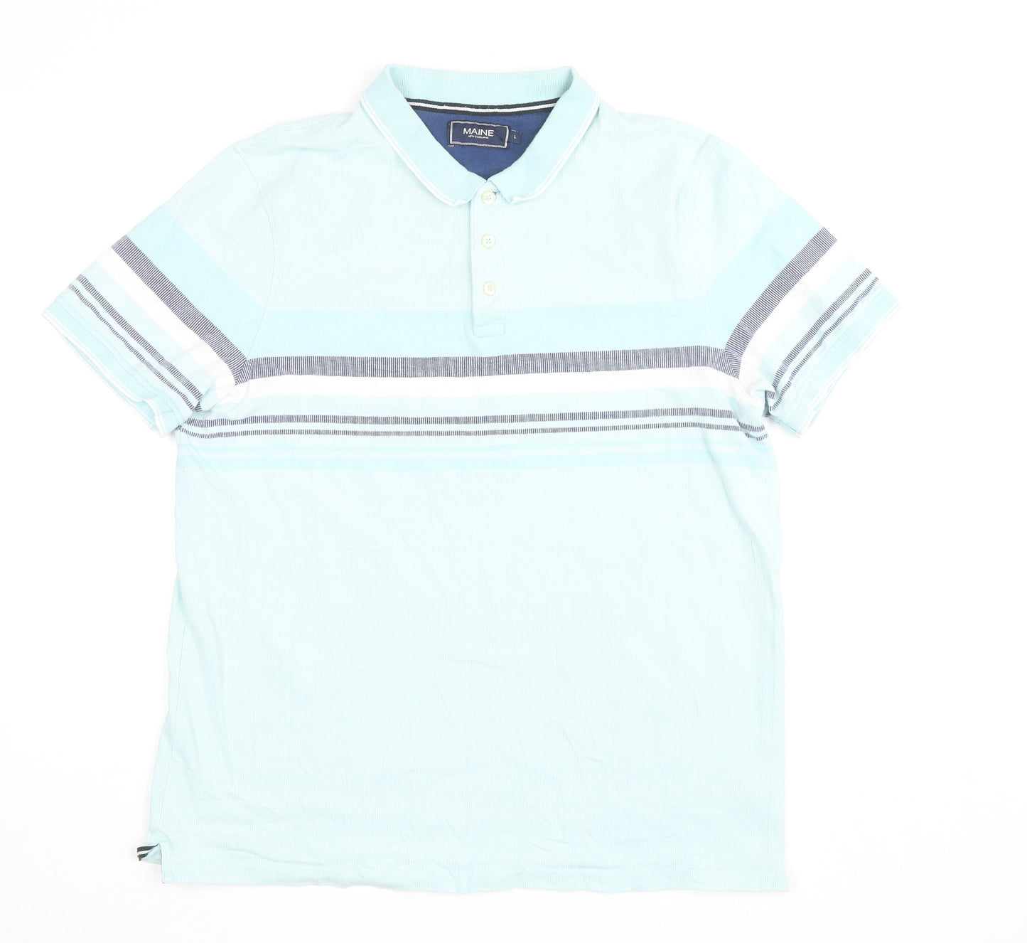 Maine New England Men's Blue Striped Short Sleeve Polo Shirt Size L