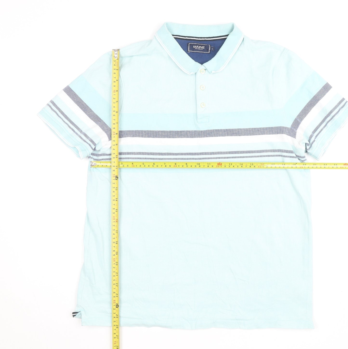 Maine New England Men's Blue Striped Short Sleeve Polo Shirt Size L