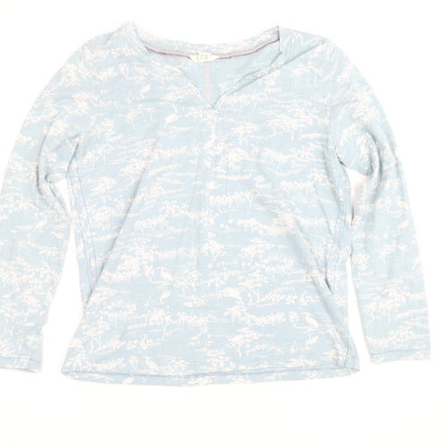White Stuff Women's Blue Floral Jersey V-Neck Long Sleeve Cotton T-Shirt UK 14