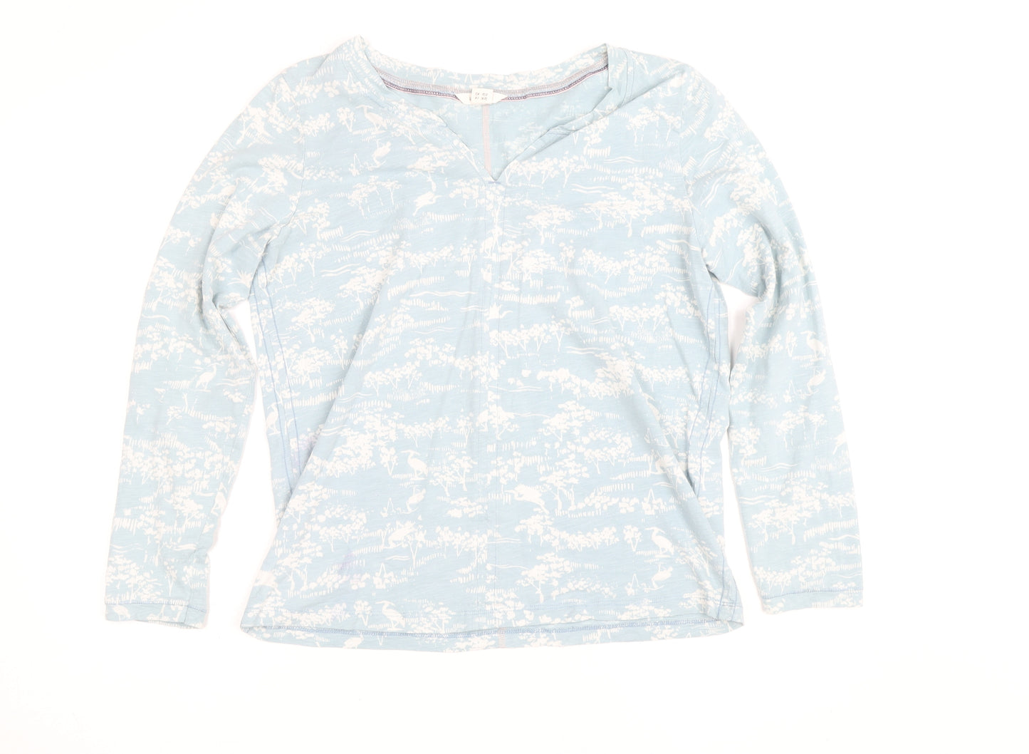 White Stuff Women's Blue Floral Jersey V-Neck Long Sleeve Cotton T-Shirt UK 14