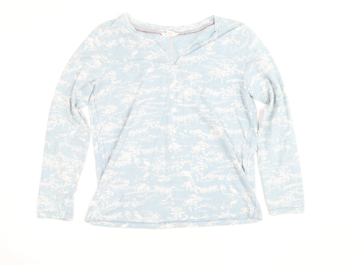 White Stuff Women's Blue Floral Jersey V-Neck Long Sleeve Cotton T-Shirt UK 14