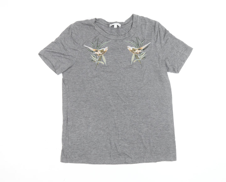 Warehouse Women’s Grey Embroidered Bird Cotton Blend T-Shirt Size 12