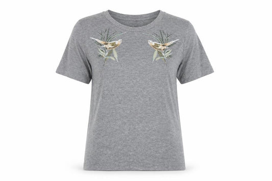 Front view of Warehouse Women’s Grey Embroidered Bird Cotton Blend T-Shirt, size UK 12