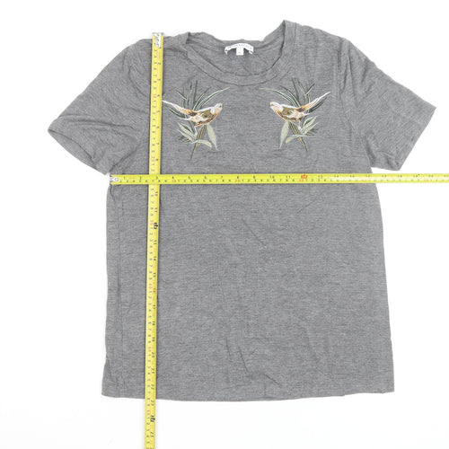 Warehouse Women’s Grey Embroidered Bird Cotton Blend T-Shirt Size 12