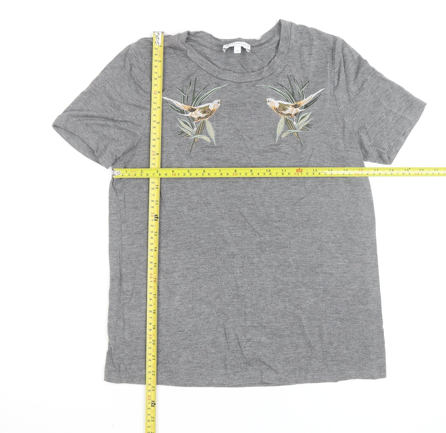 Warehouse Women’s Grey Embroidered Bird Cotton Blend T-Shirt Size 12