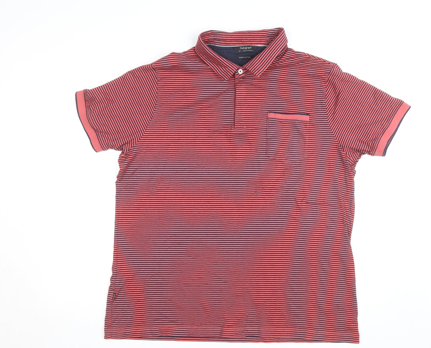 Marks and Spencer Autograph Men's Red Striped 2XL Cotton Polo Shirt