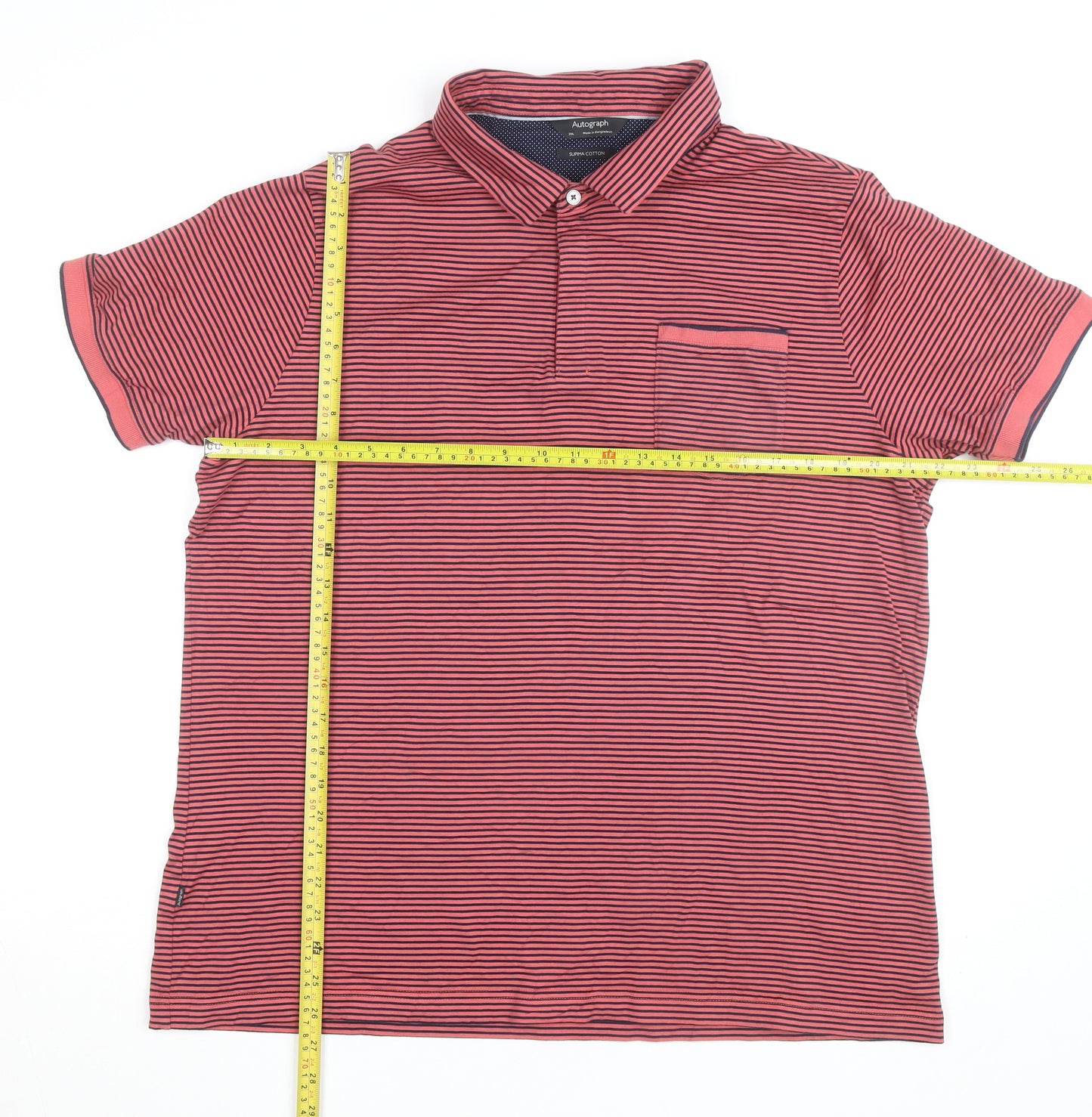Marks and Spencer Autograph Men's Red Striped 2XL Cotton Polo Shirt