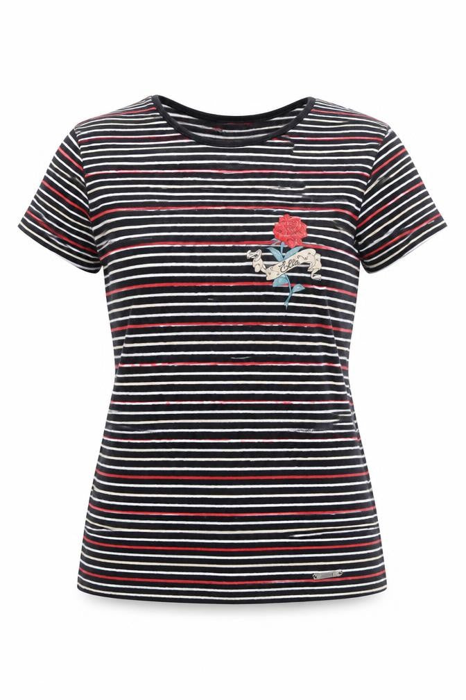 ELLE Women's Multicoloured Striped Embroidered T-Shirt Size S UK10
