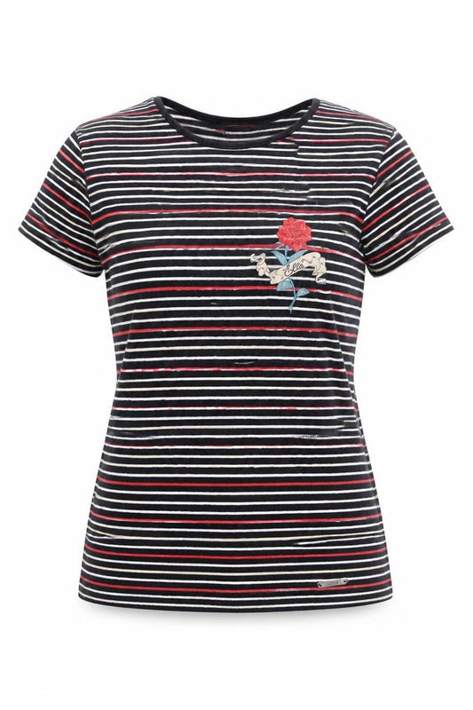 Front view of ELLE Women's Multicoloured Striped Embroidered T-Shirt, size S, UK10