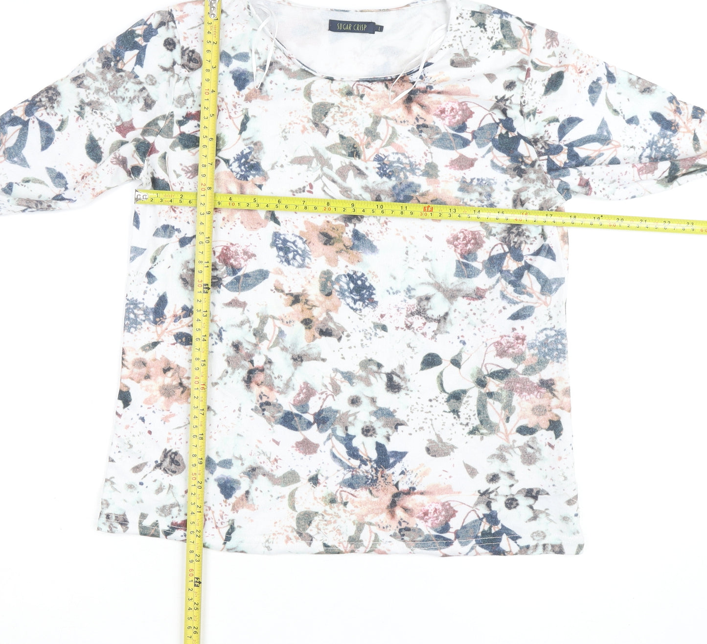 Sugar Crisp Womens Floral Long Sleeve Jersey Top Size L White Multicoloured