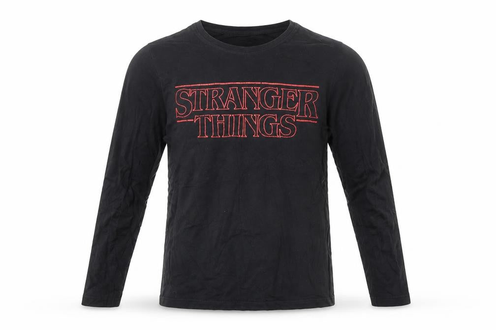 Front view of Primark unisex black stranger things long sleeve cotton top xs