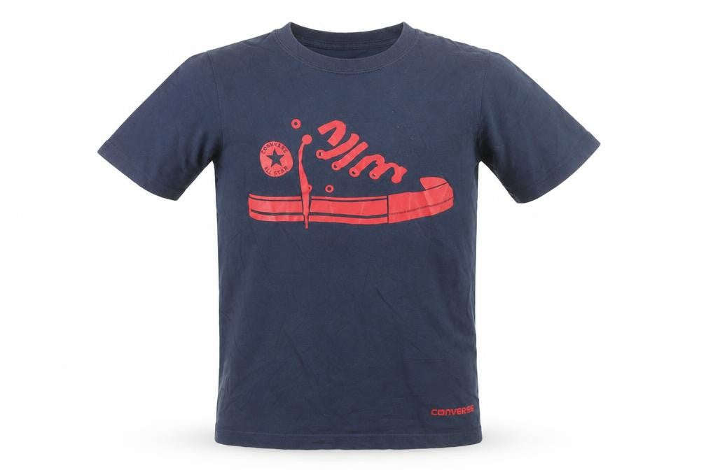 Front view of Converse boys’ blue graphic sneaker print t-shirt, size 11, years