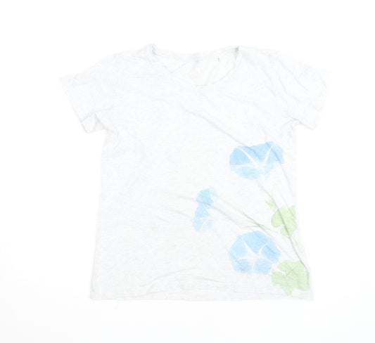 UNIQLO Women White Floral Cotton T-Shirt M Short Sleeve