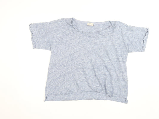 Wrap Women Blue Linen Short Sleeve Basic T-Shirt Size S