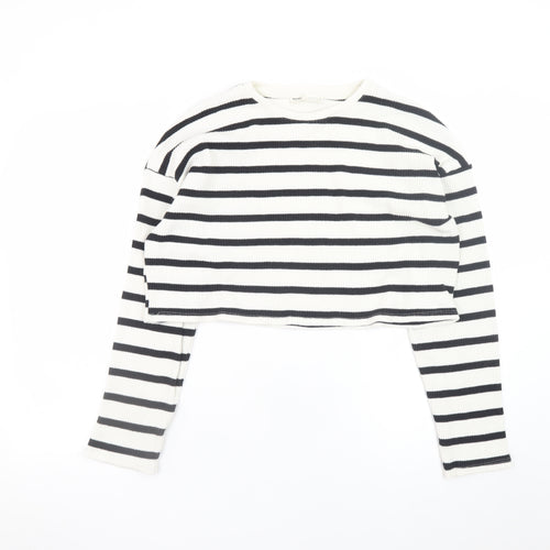 Pull & Bear Womens Black White Striped Cropped Long Sleeve Top Size S