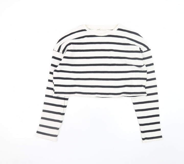 Pull & Bear Womens Black White Striped Cropped Long Sleeve Top Size S