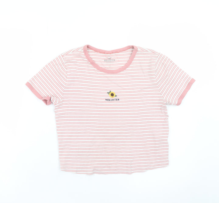 Hollister Women's Pink Striped Cropped Cotton T-Shirt Size S