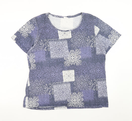 Damart Womens Blue Geometric Jersey T-Shirt Size L Short Sleeve