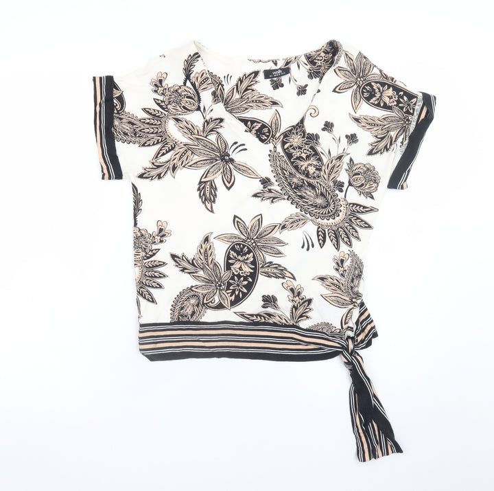 Wallis Womens Beige Floral Wrap Tie Blouse Short Sleeve Size S