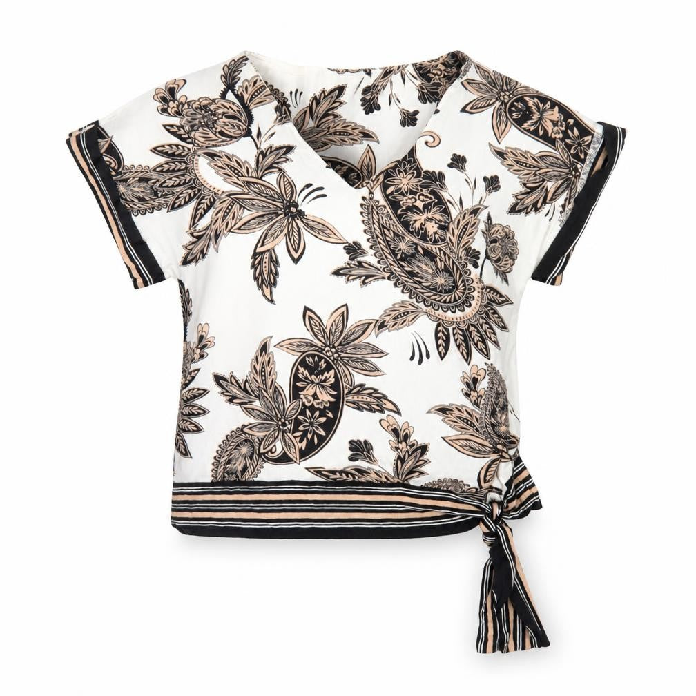 Front view of Wallis women’s beige floral wrap tie blouse short sleeve, size S