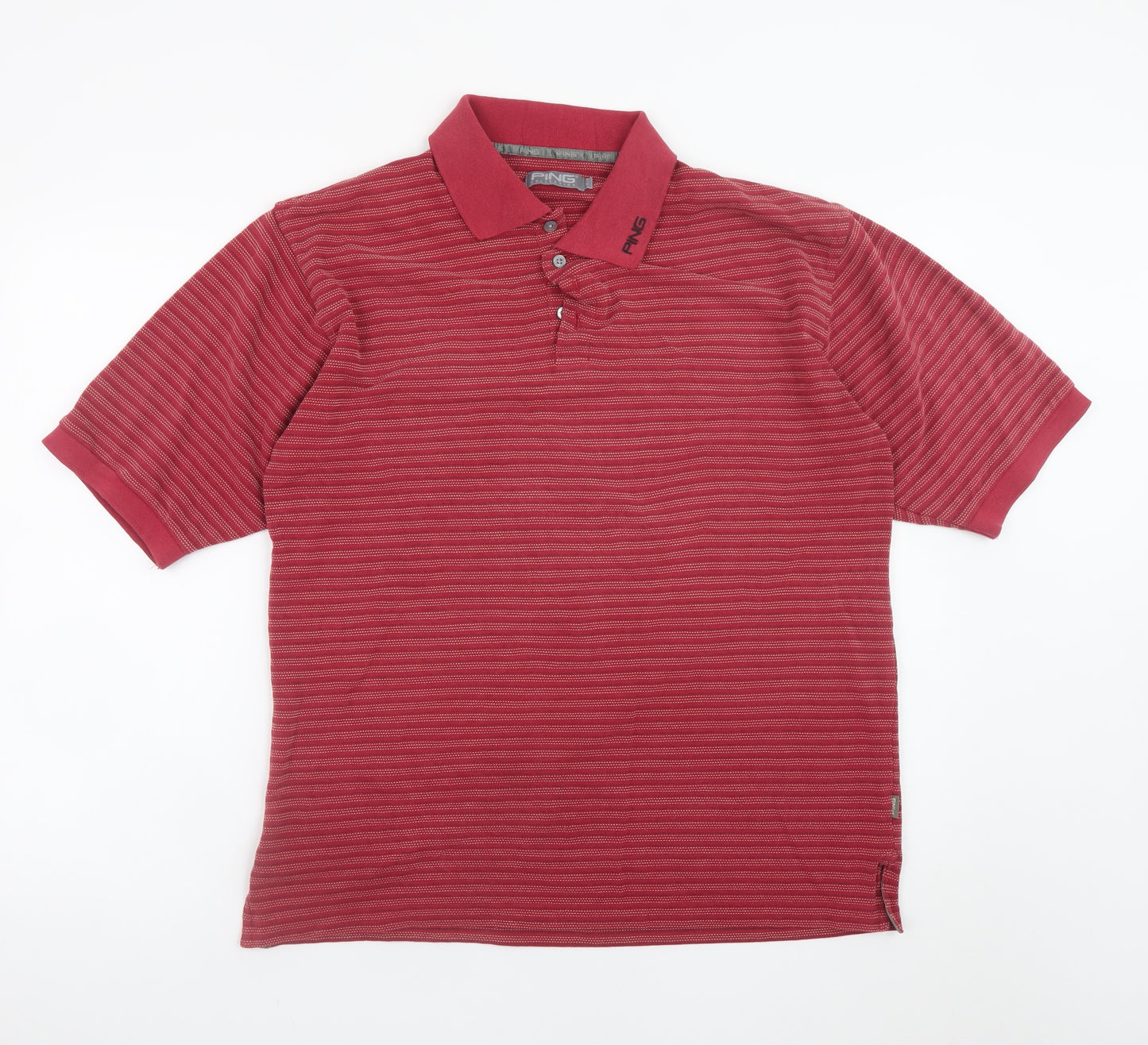 PING Collection Mens Red Striped Polo Shirt Size L Polyester Cotton Blend