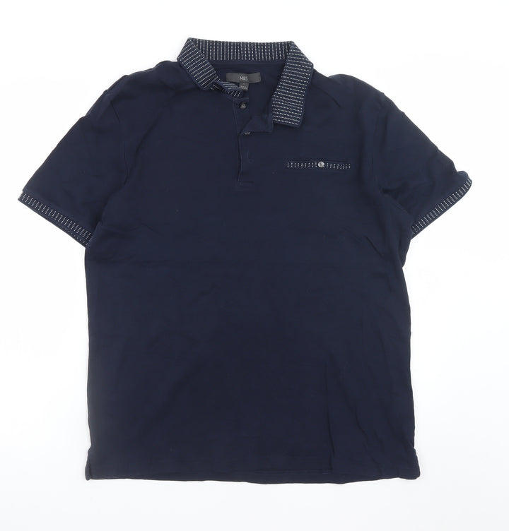 Marks and Spencer Men's Blue Cotton Polo Shirt Size L Regular Fit