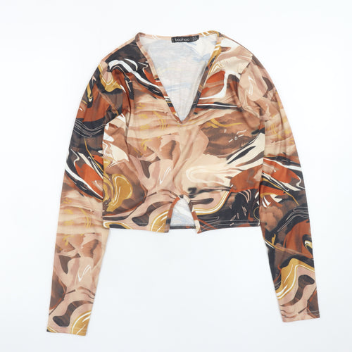 Boohoo Women’s Multicoloured Cropped V-Neck Long Sleeve Blouse Size 10