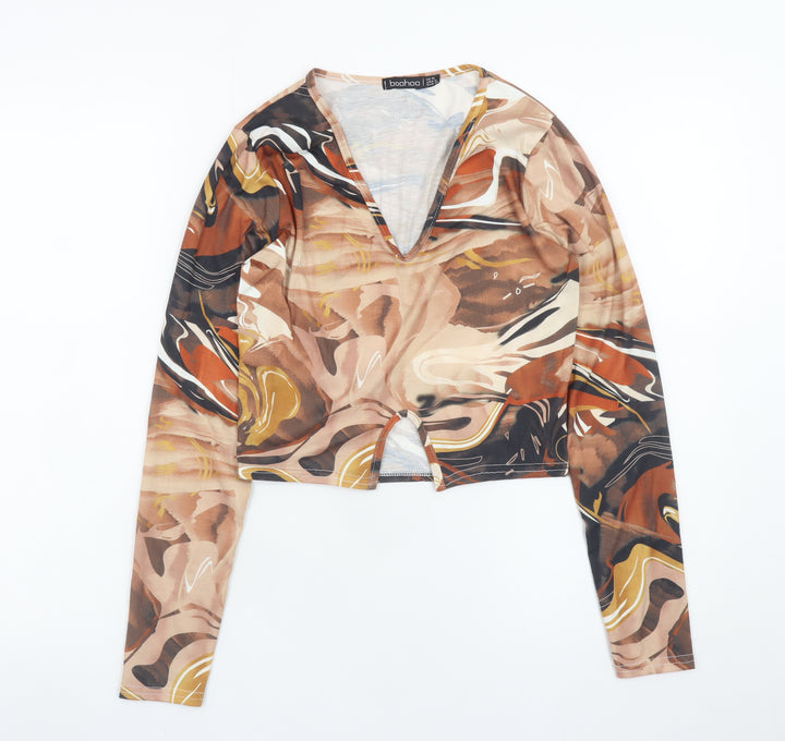 Boohoo Women’s Multicoloured Cropped V-Neck Long Sleeve Blouse Size 10