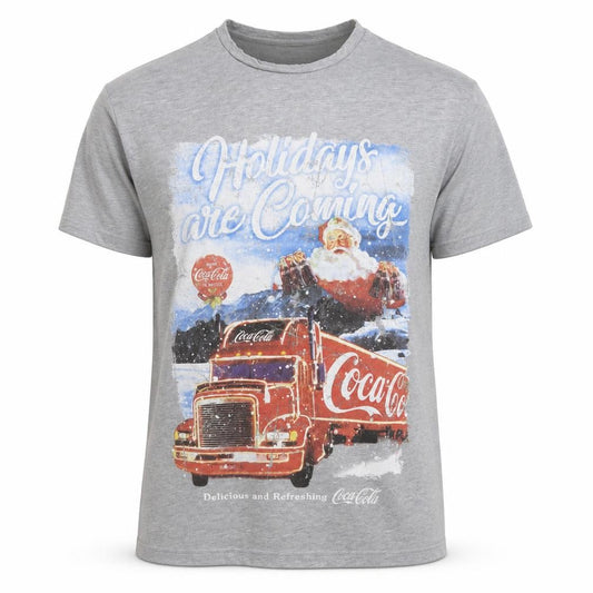 Front view of Coca-Cola Men's Grey Christmas Truck Graphic T-Shirt XL