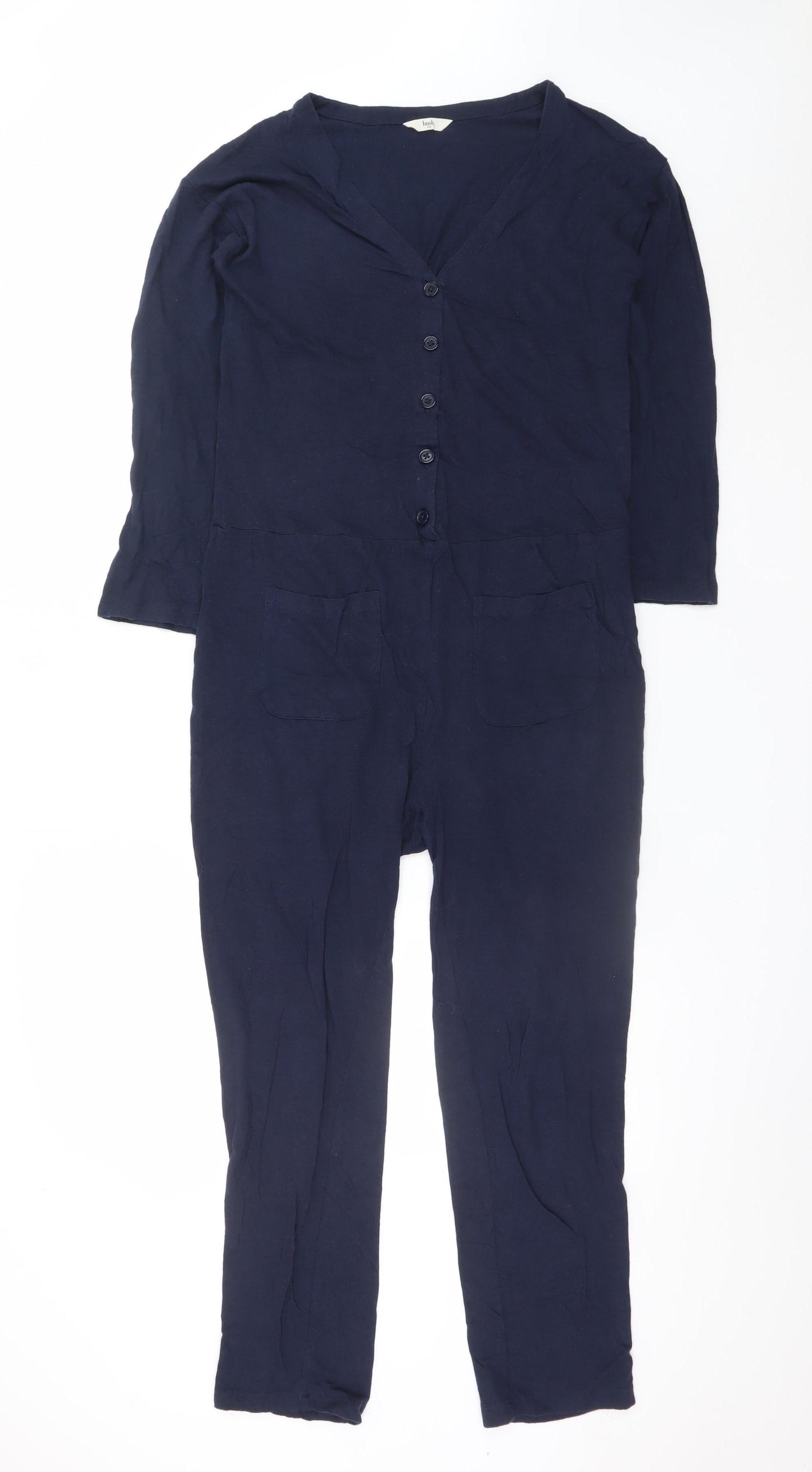 Hush Women's Blue Linen Modal Jumpsuit 2XS V-Neck Button Casual