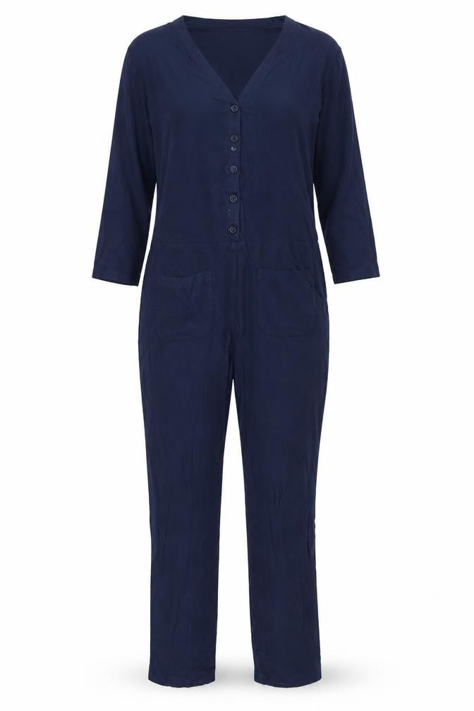 Hush Women's Blue Linen Modal Jumpsuit 2XS V-Neck Button Casual