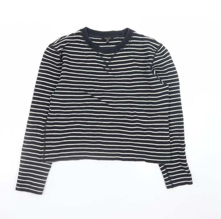 Massimo Dutti Women Navy Striped Cotton Jumper Size 8 Crew Neck Knit