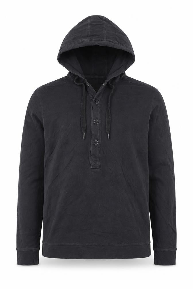 Front view of H&M Men’s Black Henley Hoodie, size S, Regular Fit Cotton
